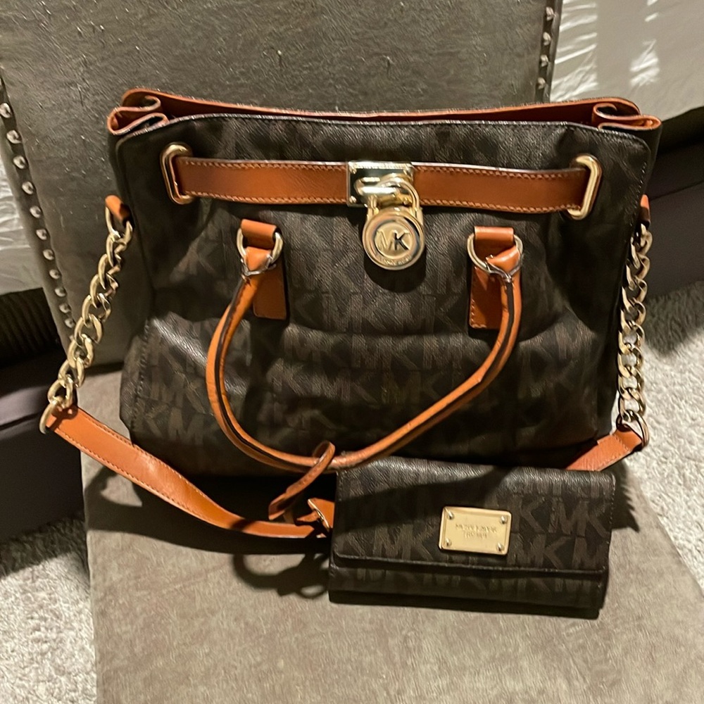 Michael Kors hand bag and wallet , brown and beige.